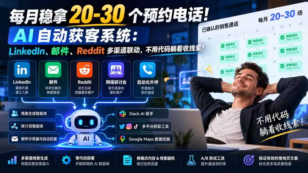 每月稳拿 20-30 个预约电话！AI 自动获客系统：LinkedIn、邮件、Reddit 多渠道联动，不用代码躺着收线索！-298资料