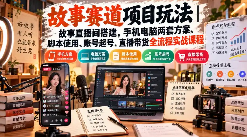 故事赛道项目玩法|故事直播间搭建,手机电脑两套方案、脚本使用、账号起号、直播带货全流程实战课程-298资料
