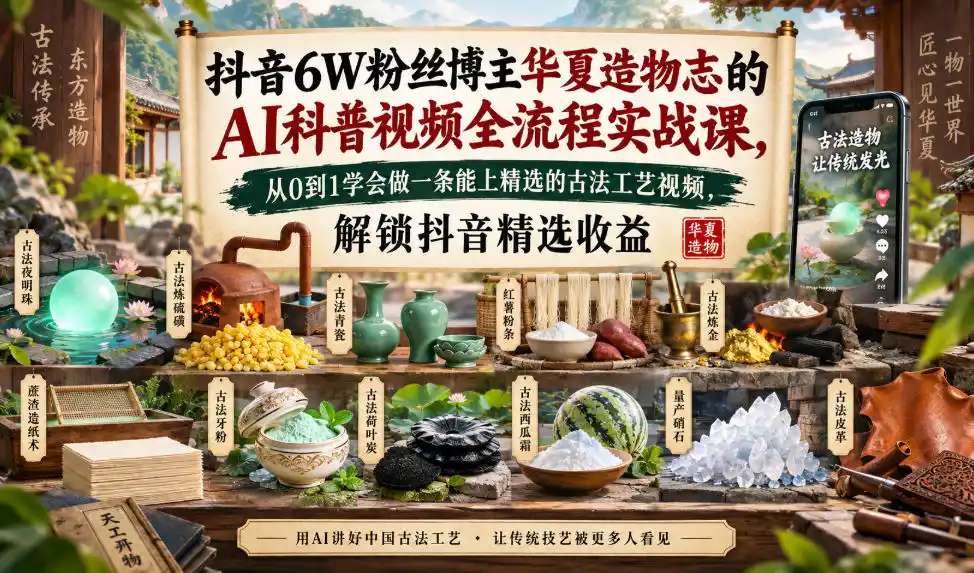 抖音6W粉丝博主华夏造物志的AI科普视频全流程实战课，从0到1学会做一条能上精选的古法工艺视频，解锁抖音精选收益-298资料