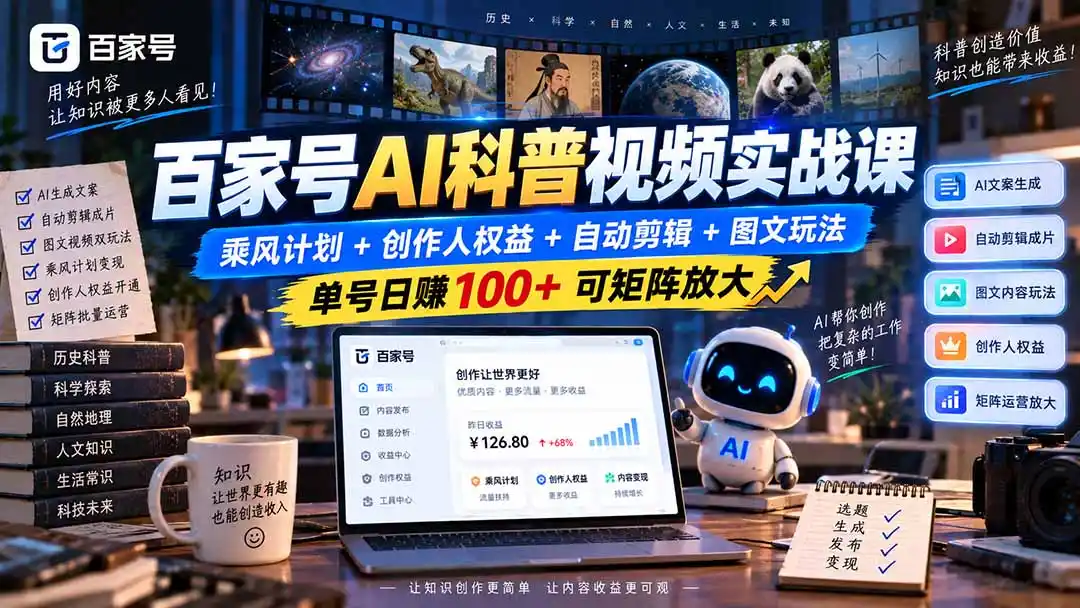 百家号AI科普视频实战课:乘风计划+创作人权益+自动剪辑+图文玩法,单号日赚100+可矩阵放大-298资料