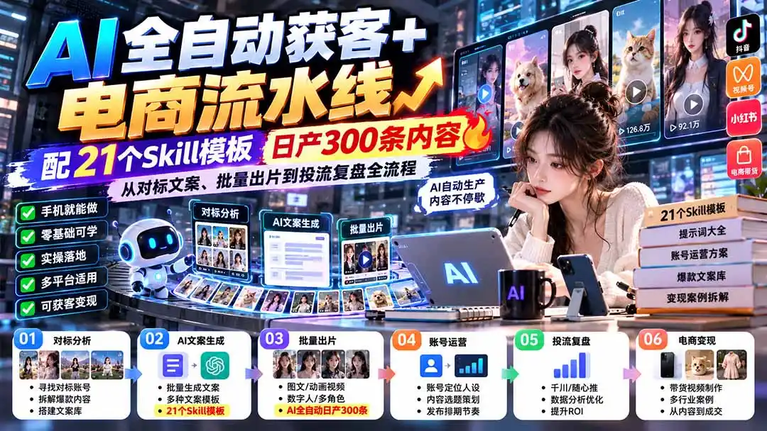【无水印】AI全自动获客+电商流水线：配21个Skill模板，日产300条内容，从对标文案、批量出片到投流复盘全流程-298资料