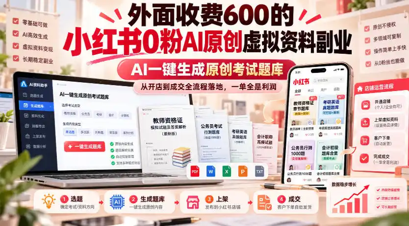 外面收费600的小红书0粉AI原创虚拟资料副业，AI一键生成原创考试题库，从开店到成交全流程落地，一单全是利润-298资料