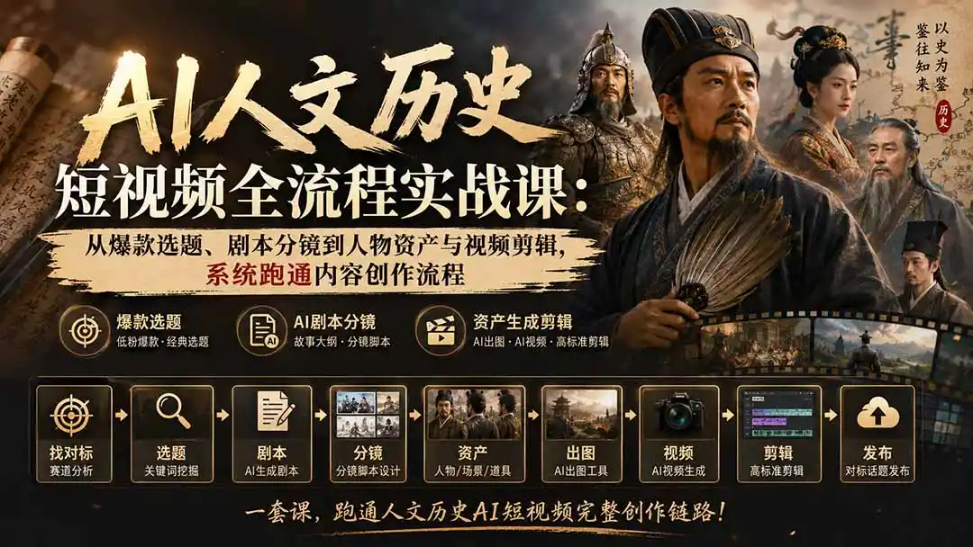 AI人文历史短视频全流程实战课-更新：从爆款选题、剧本分镜到人物资产与视频剪辑，系统跑通内容创作流程-298资料