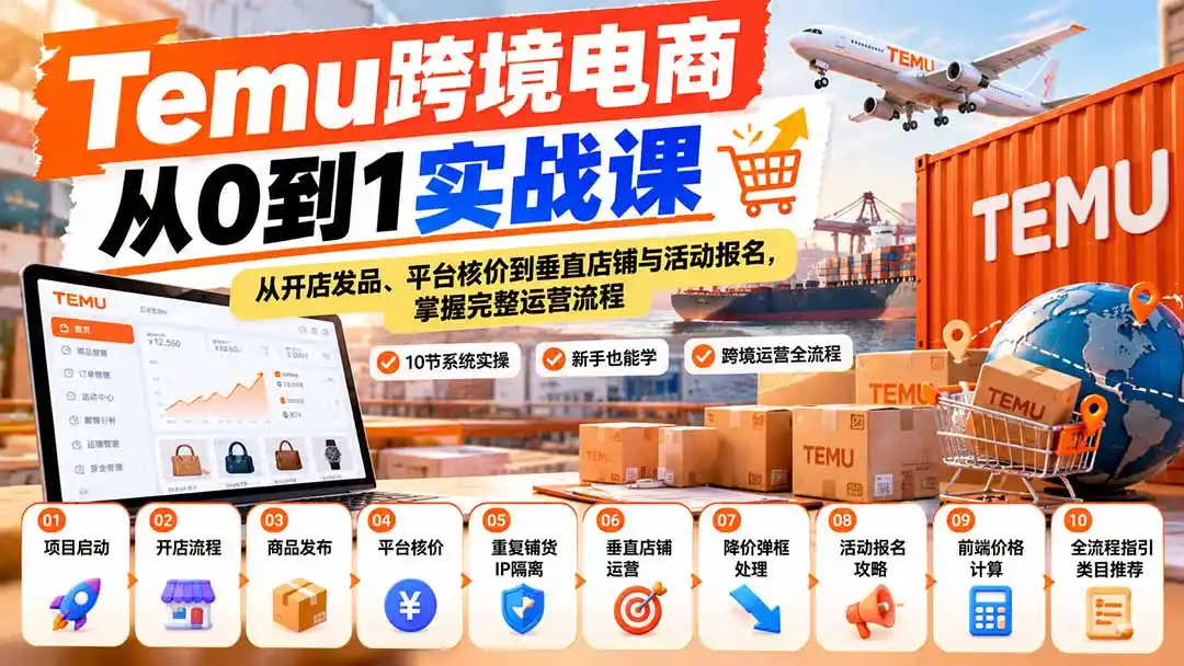 【无水印】Temu跨境电商从0到1实战课:从开店发品、平台核价到垂直店铺与活动报名,掌握完整运营流程-298资料