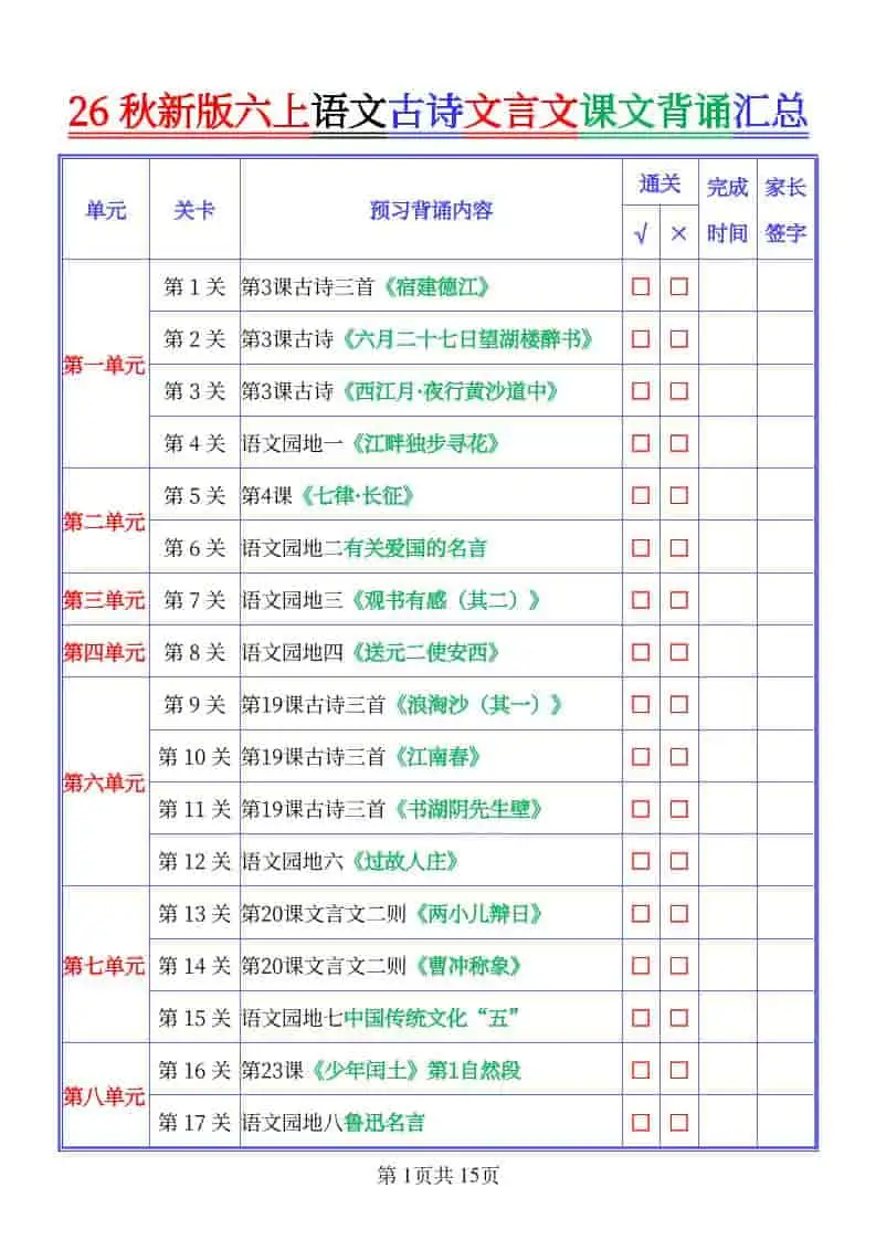 26秋新六年级上册语文古文文言文课文背诵内容汇总-背诵版-298资料