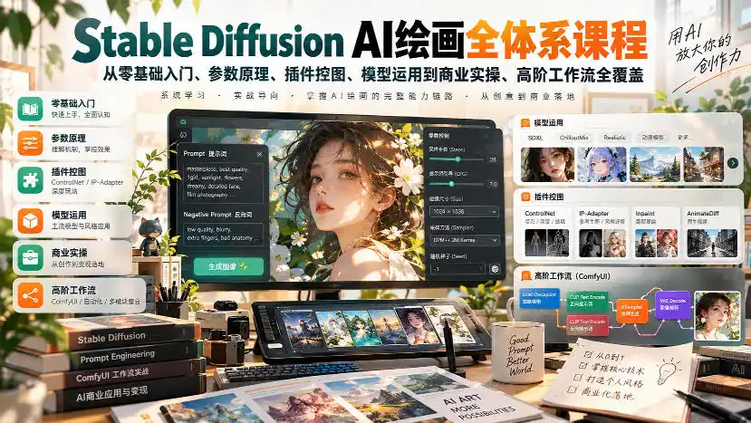【无水印】Stable Diffusion AI绘画全体系课程，从零基础入门、参数原理、插件控图、模型运用到商业实操、高阶工作流全覆盖-298资料