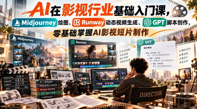 【无水印】AI在影视行业基础入门课，Midjourney绘图、Runway动态视频生成、GPT脚本创作，零基础掌握AI影视短片制作-298资料
