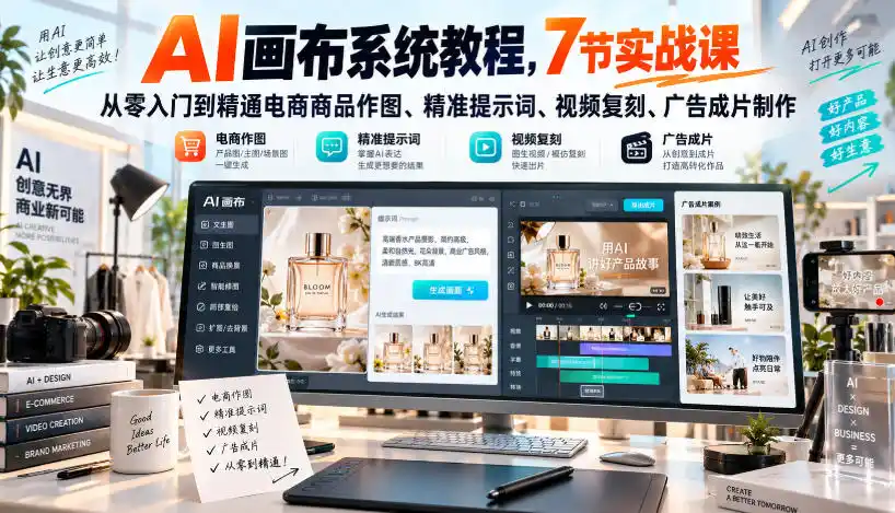 AI画布系统教程,7节实战课从零入门到精通电商商品作图、精准提示词、视频复刻、广告成片制作-298资料