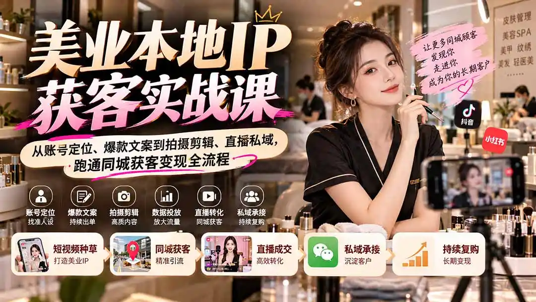 【无水印】美业本地IP获客实战课：从账号定位、爆款文案到拍摄剪辑、直播私域，跑通同城获客变现全流程-298资料