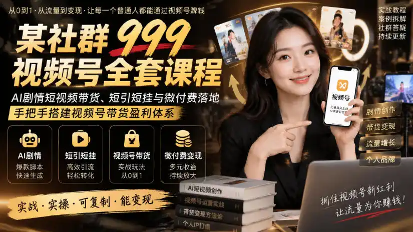 某社群999视频号全套课程，AI剧情短视频带货、短引短挂与微付费落地，手把手搭建视频号带货盈利体系-298资料
