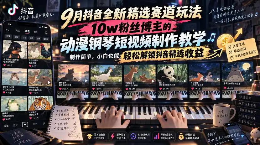 9月抖音全新精选赛道玩法，10w粉丝博主的动漫钢琴短视频制作教学，制作简单，小白也能轻松解锁抖音精选收益-298资料