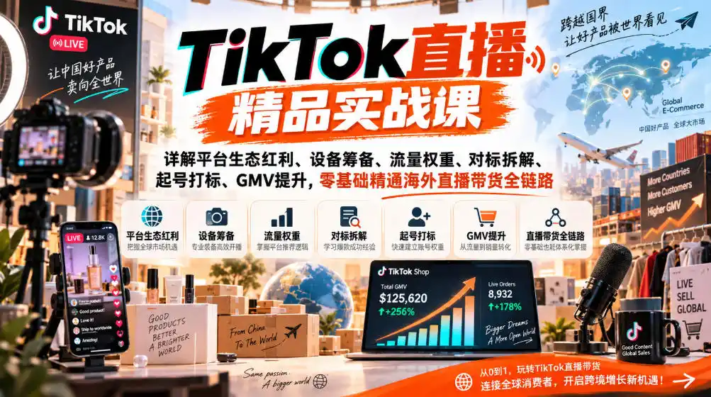 TikTok直播精品实战课,详解平台生态红利、设备筹备、流量权重、对标拆解、起号打标、GMV提升,零基础精通海外直播带货全链路-298资料