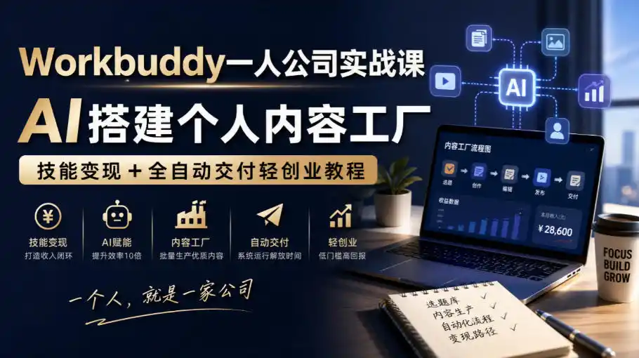 Workbuddy一人公司实战课,AI搭建个人内容工厂,技能变现+全自动交付轻创业教程-298资料
