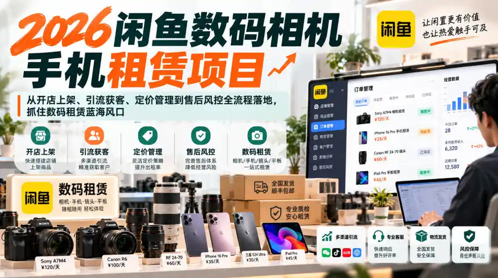 2026闲鱼数码相机手机租赁项目,从开店上架、引流获客、定价管理到售后风控全流程落地,抓住数码租赁蓝海风口