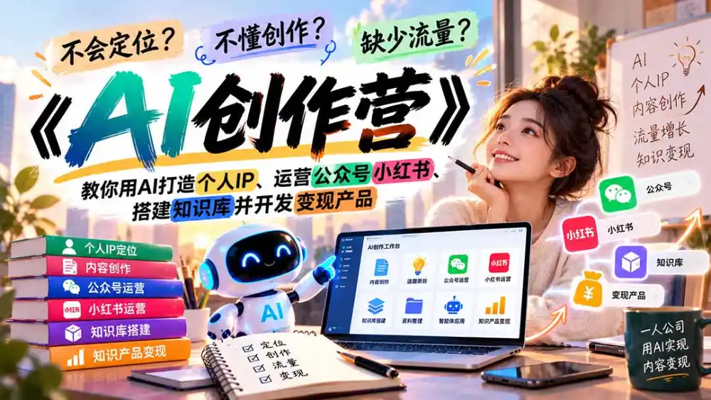 不会定位、不懂创作、缺少流量？《AI创作营》教你用AI打造个人IP、运营公众号小红书、搭建知识库并开发变现产品-298资料