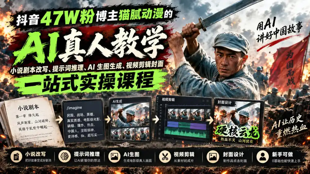 抖音47W粉博主猫腻动漫的AI真人漫剧教学，小说剧本改写、提示词推理、AI生图生成、视频剪辑封面一站式实操课程-298资料