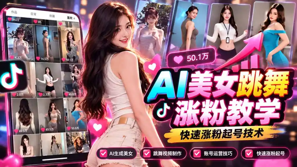 AI美女跳舞涨粉教学，AI生成美女，跳舞视频制作，账号运营与快速起号涨粉-298资料