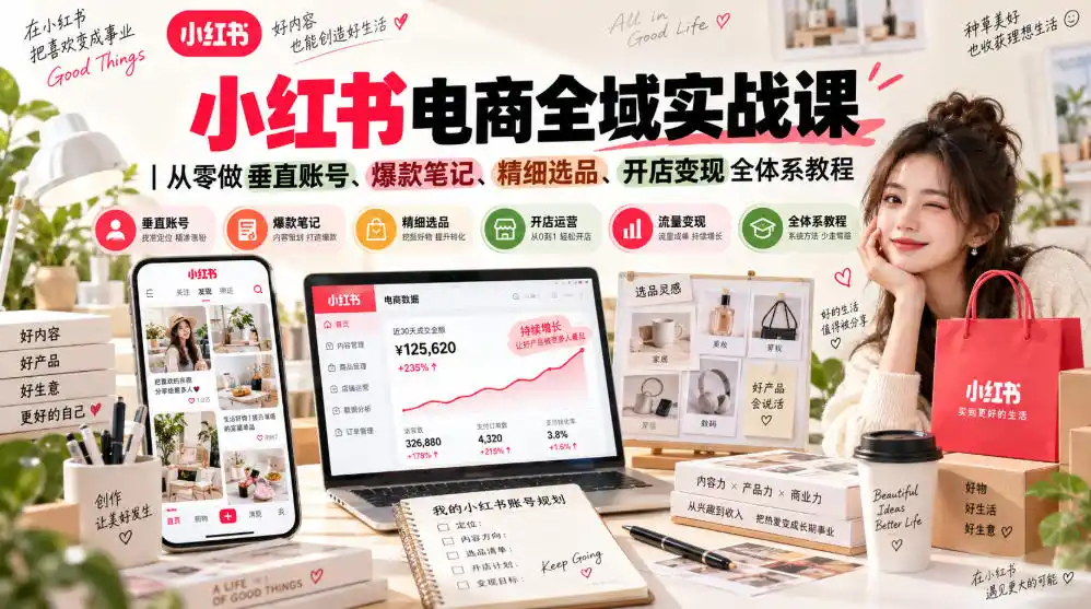 小红书电商全域实战课｜从零做垂直账号、爆款笔记、精细选品、开店变现全体系教程-298资料