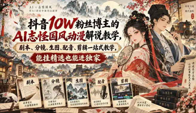 抖音10W粉丝博主满堂诡事的AI志怪国风动漫解说教学，剧本、分镜、生图、配音、剪辑一站式教学，能挂精选也能进独家-298资料