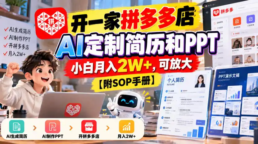 开一家拼多多店,AI定制简历和PPT,小白月入2W+,可放大【附SOP手册】【揭秘】-298资料
