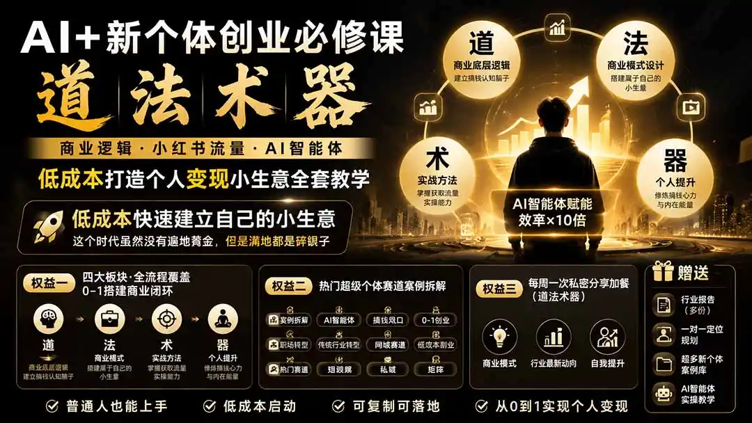 AI+新个体创业必修课-更新0922｜道法术器｜商业逻辑·小红书流量·AI智能体｜低成本打造个人变现小生意全套教学-298资料
