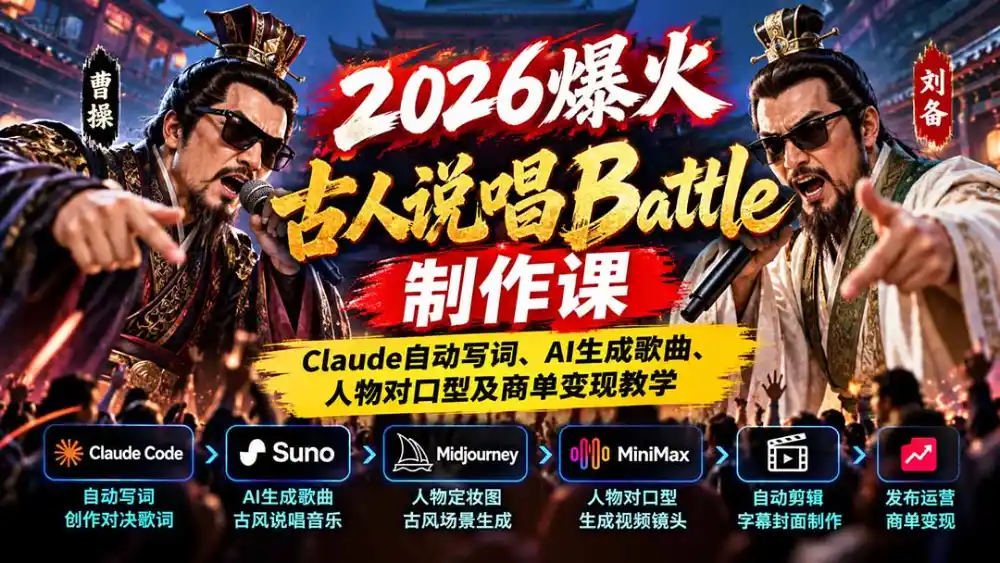2026爆火古人说唱Battle制作课:Claude自动写词、AI生成歌曲、人物对口型及商单变现教学-298资料