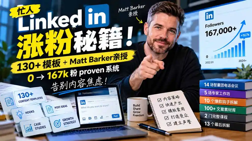 【无水印】忙人LinkedI 涨粉秘籍！130+模板+Matt Barker亲授：0→167k粉proven系统，告别内容焦虑【原创双语字幕】-298资料
