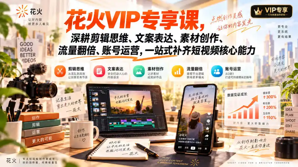 花火VIP专享课，深耕剪辑思维、文案表达、素材创作、流量翻倍、账号运营，一站式补齐短视频核心能力-298资料