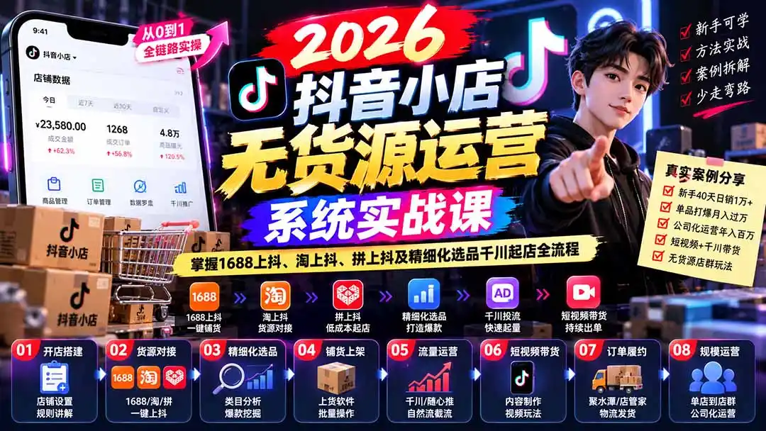 【无水印】2026抖音小店无货源运营系统实战课：掌握1688上抖、淘上抖、拼上抖及精细化选品千川起店全流程-298资料