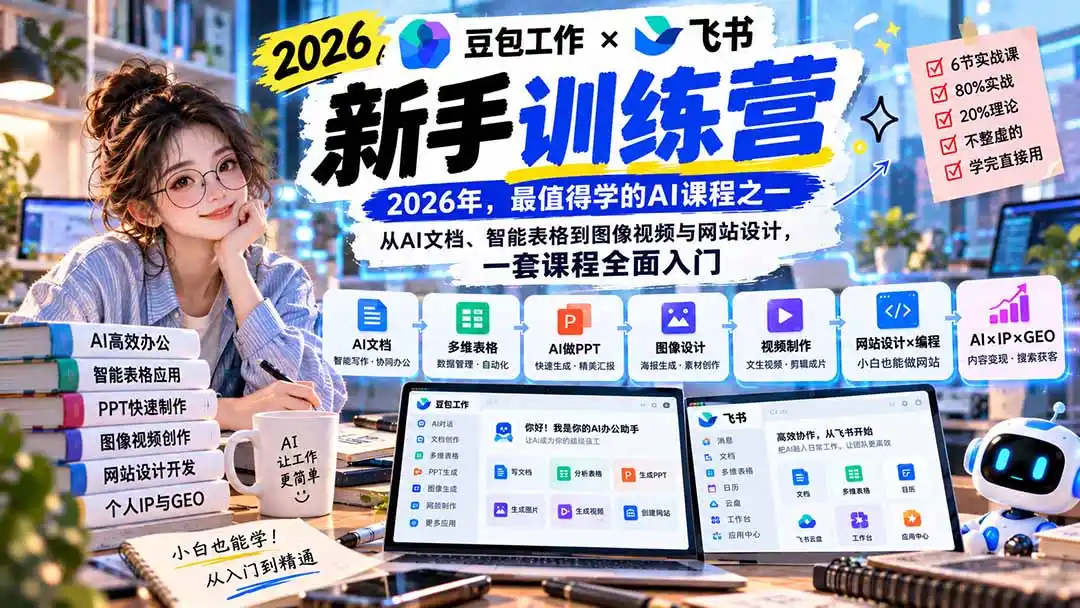 2026豆包工作+飞书新手训练营-9月新课：从AI文档、智能表格到图像视频与网站设计，一套课程全面入门-298资料