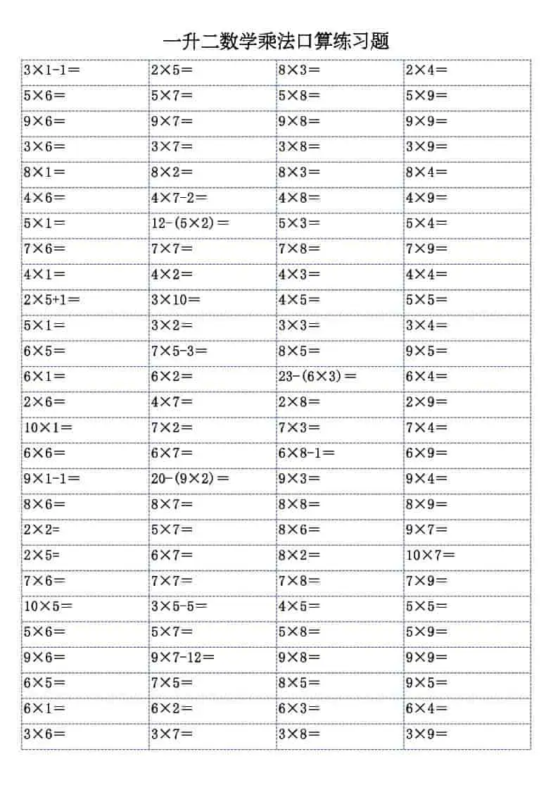 一升二数学乘法口算练习题-二年级上册-298资料