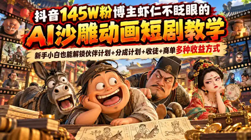 抖音145W粉博主虾仁不眨眼的AI沙雕动画短剧教学,新手小白也能解锁伙伴计划+分成计划+收徒+商单多种收益方式