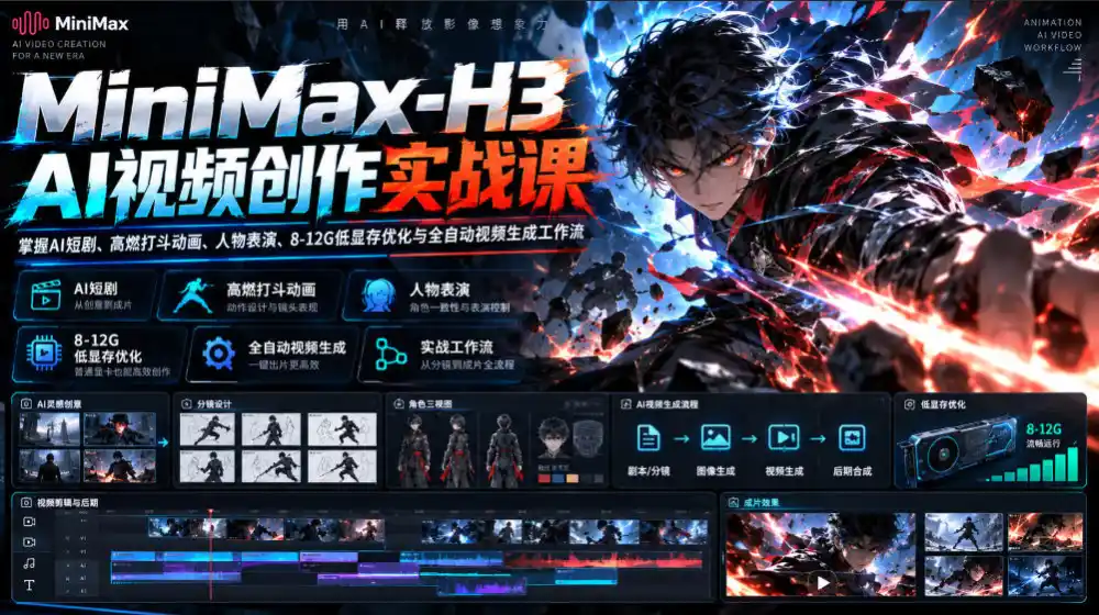 MiniMax-H3 AI视频创作实战课，掌握AI短剧、高燃打斗动画、人物表演、8-12G低显存优化与全自动视频生成工作流-298资料