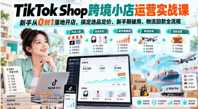 TikTok Shop跨境小店运营实战课，新手从0到1落地开店，搞定选品定价、新手期破局、物流回款全流程-298资料