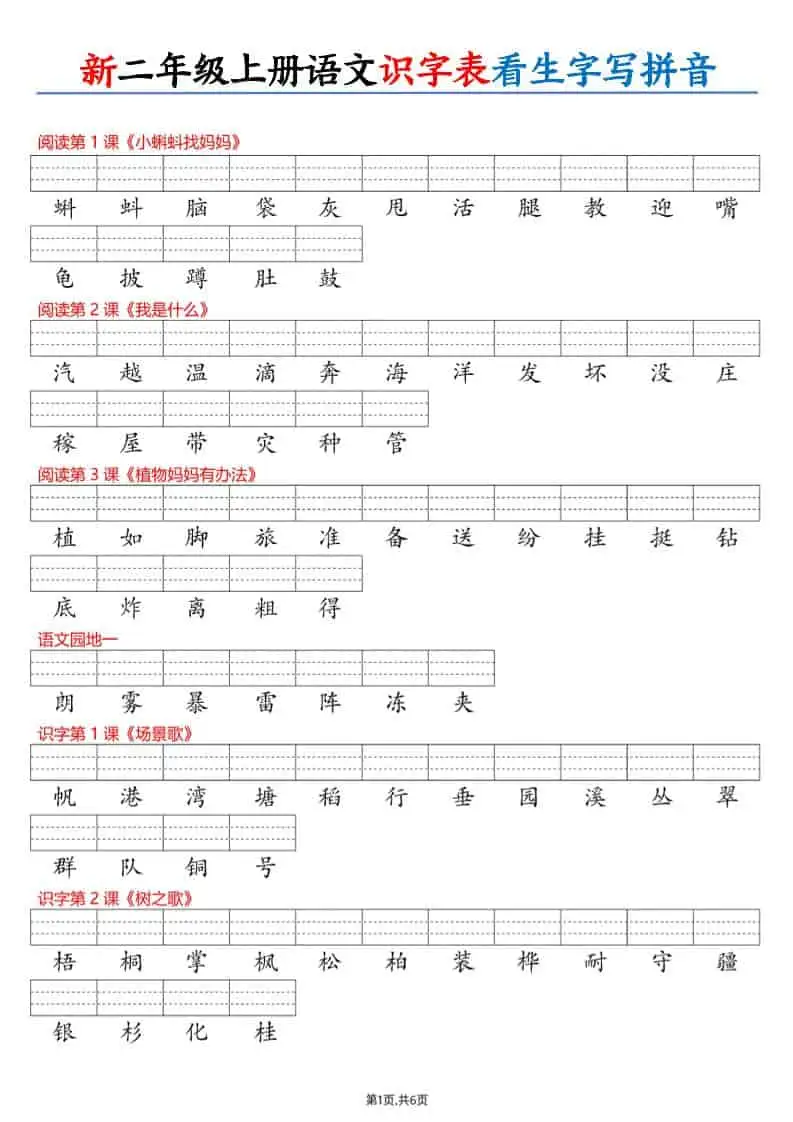 26新二年级上册语文识字表看生字写拼音（6页）-298资料