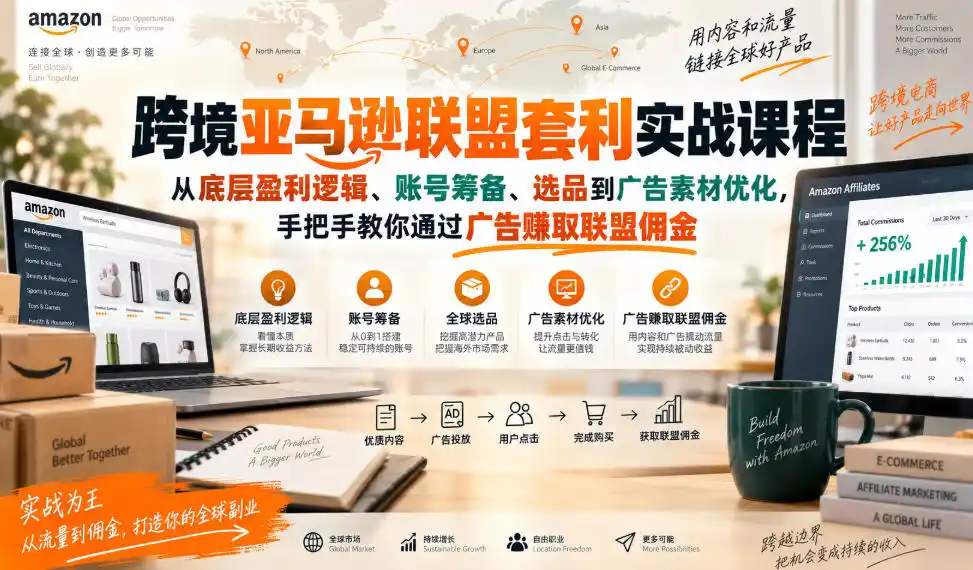 跨境亚马逊联盟套利实战课程，从底层盈利逻辑、账号筹备、选品到广告素材优化，手把手教你通过广告賺取联盟佣金-298资料