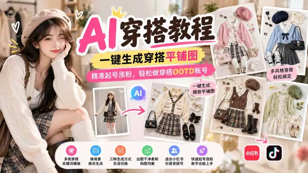 【无水印】AI穿搭教程｜一键生成穿搭平铺图，精准起号涨粉，轻松做穿搭OOTD账号-298资料