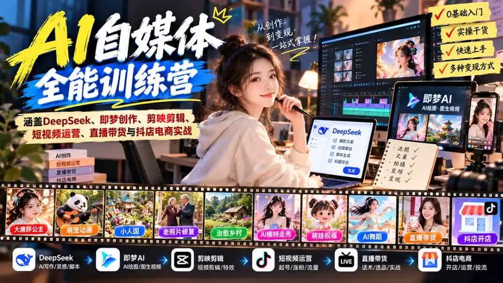 【无水印】AI+自媒体全能训练营：涵盖DeepSeek、即梦创作、剪映剪辑、短视频运营、直播带货与抖店电商实战-298资料