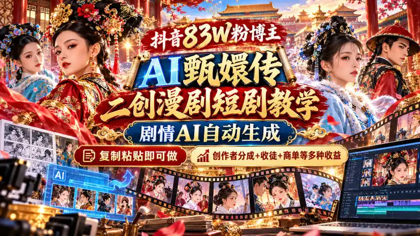 抖音83W粉博主AI甄嬛传二创漫剧短剧教学｜剧情AI自动生成，复制粘贴即可做，各大平台创作者分成+收徒等多种收益-298资料