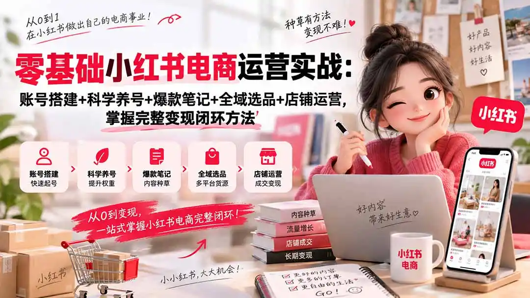 零基础小红书电商运营实战：账号搭建+科学养号+爆款笔记+全域选品+店铺运营，掌握完整变现闭环方法-298资料