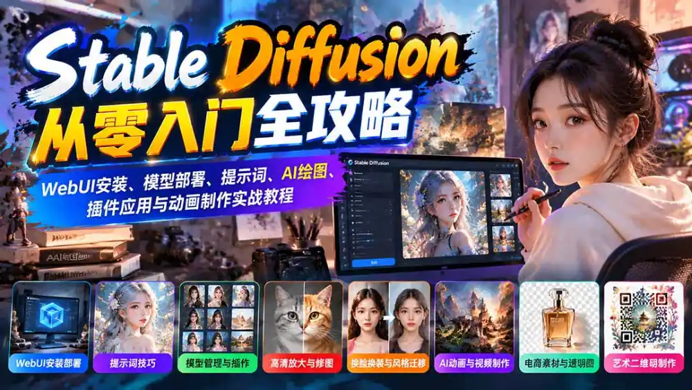 Stable Diffusion从零入门全攻略:WebUI安装、模型部署、提示词、AI绘图、插件应用与动画制作实战教程-298资料