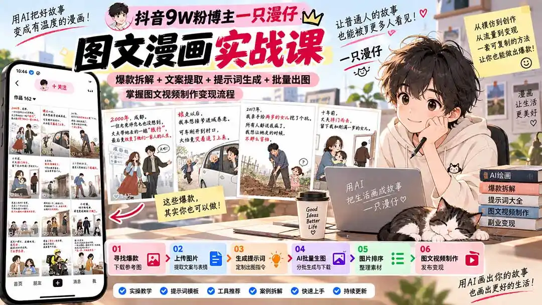 抖音9W粉博主一只漫仔图文漫画课:爆款拆解+文案提取+提示词生成+批量出图,掌握图文视频制作变现流程-298资料