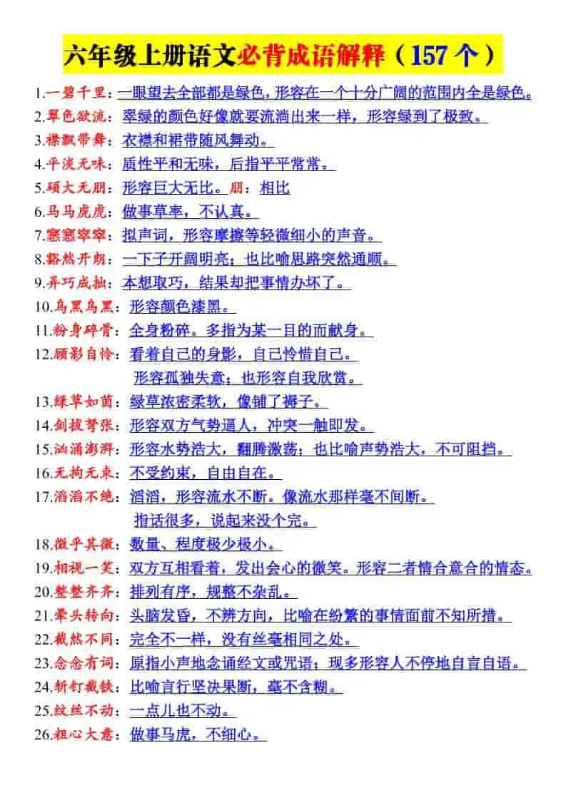 26新六年级上册语文必背成语解释-298资料