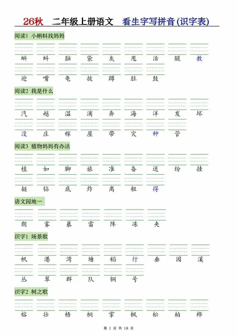 26秋语文二年级上册【识字注音+看拼音写词语】专练-298资料