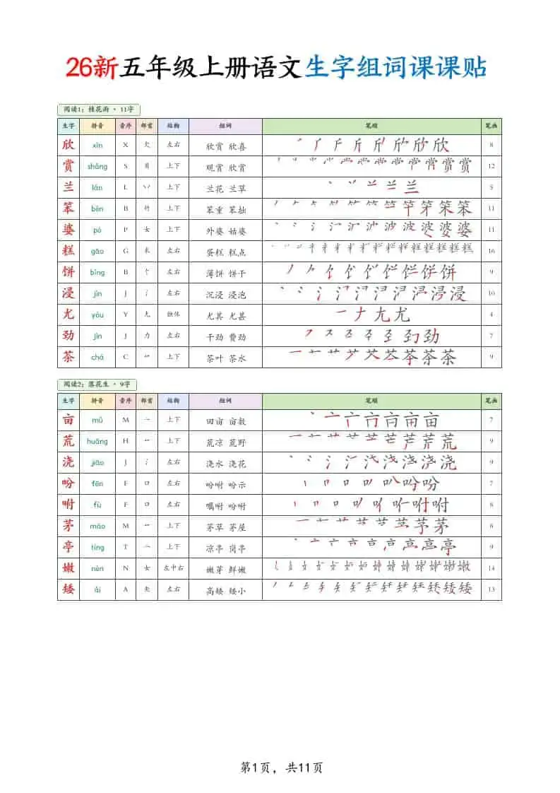 26新五年级上册语文生字组词课课贴11页-298资料
