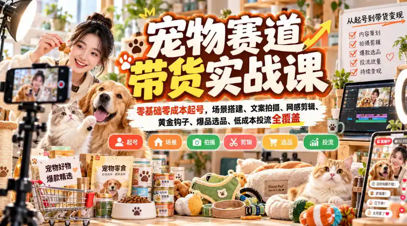 宠物赛道带货实战课，零基础零成本起号，场景搭建、文案拍摄、网感剪辑、黄金钩子、爆品选品、低成本投流全覆盖-298资料
