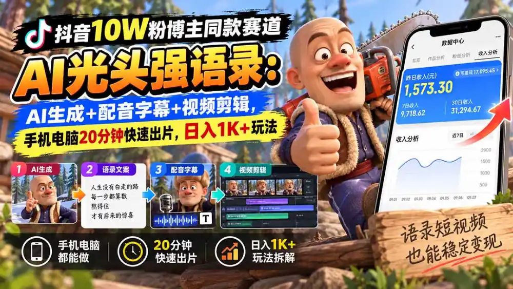 【无水印】抖音10W粉博主同款赛道AI光头强语录:AI生成+配音字幕+视频剪辑,手机电脑20分钟快速出片,日入1K+玩法-298资料