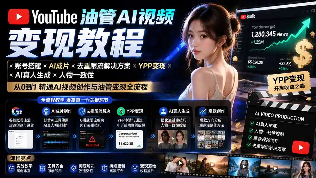 YouTube油管AI视频变现教程-更新0926:账号搭建×AI成片×去重限流解决方案×YPP变现×AI真人生成×人物一致性-298资料