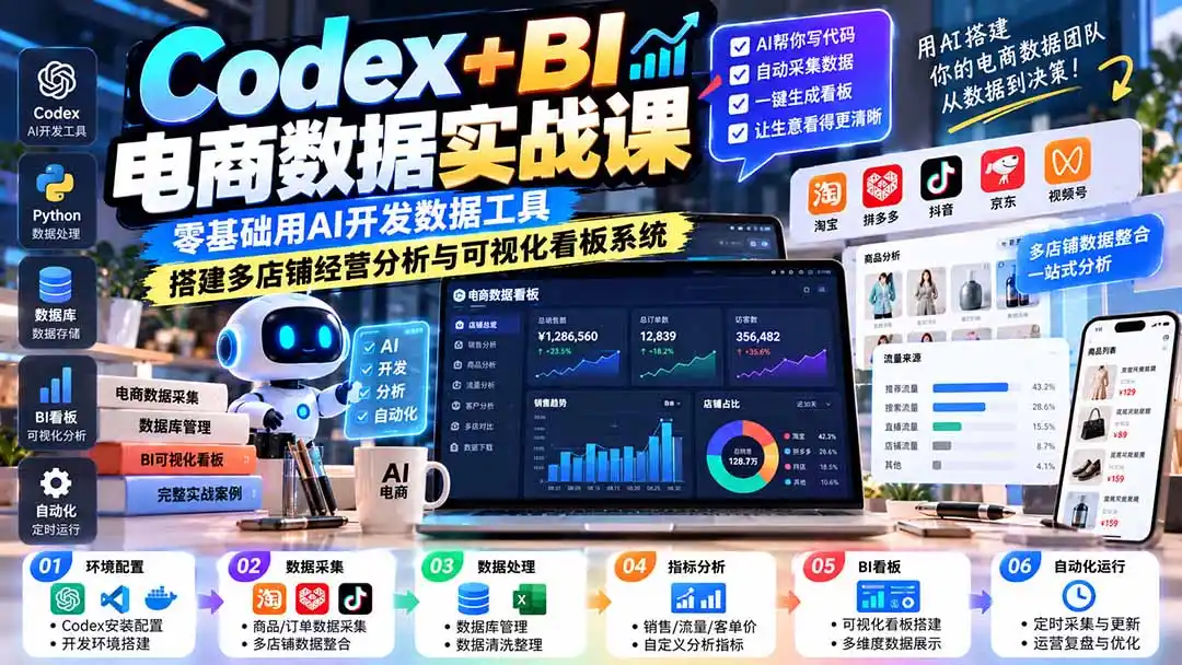 Codex+BI电商数据实战课：零基础用AI开发数据工具，搭建多店铺经营分析与可视化看板系统-298资料