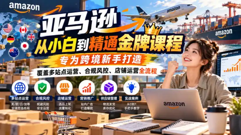 亚马逊从小白到精通金牌课程,专为跨境新手打造,覆盖多站点运营、合规风控、店铺运营全流程